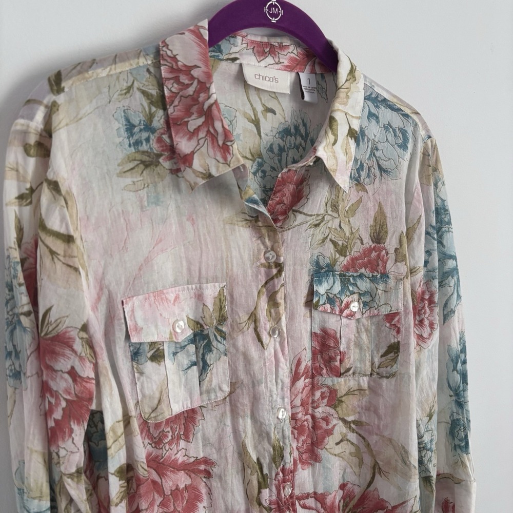 Chico's Floral Button-Up Blouse in Pink, Blue, Olive - Picture 2 of 9